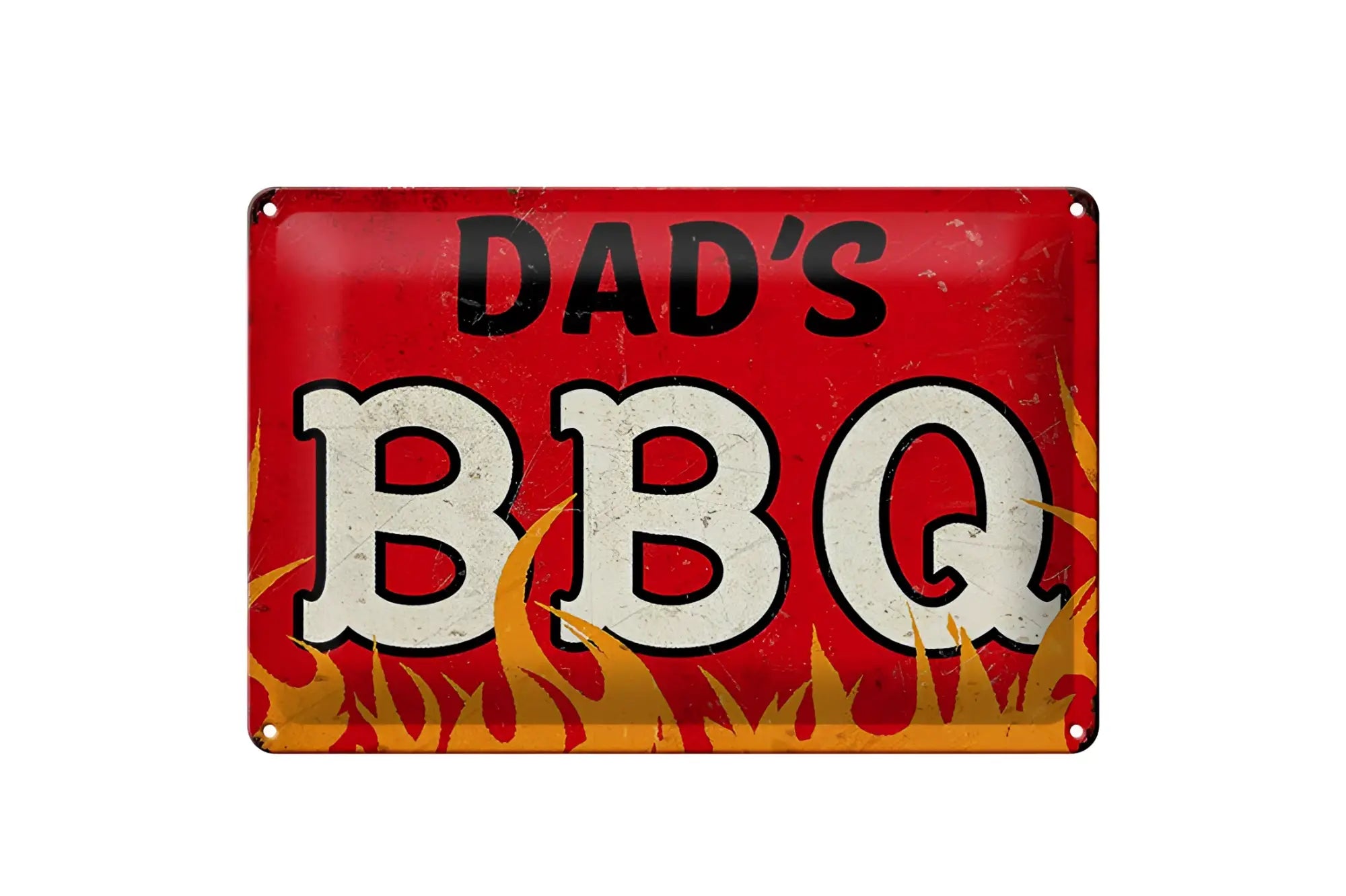 Rotes vintage-metallschild dads bbq mit weißen und schwarzen buchstaben und orangen flammengrafiken 20x30cm