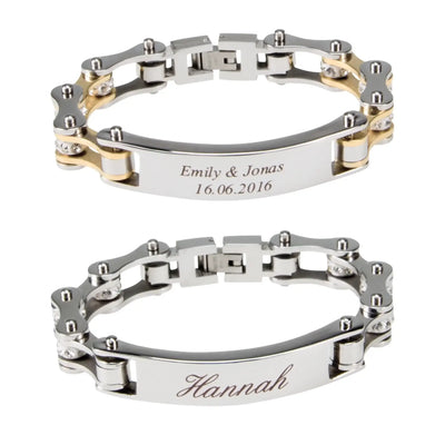 Damen armband biker-kette gold aus edelstahl mit gravierten namensplaketten emily jonas und hannah personalisierbar