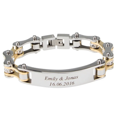 Damen armband biker-kette silber mit zweifarbigem edelstahl und gold, klaren kristallakzenten und graviertem wunschtext emily & jonas 16.06.2016