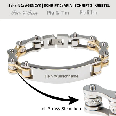 Damen armband biker-kette in silber mit zwei-ton edelstahl und gold mit klaren kristallsteinen personalisierbar
