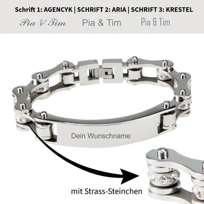 Damen armband biker-kette aus edelstahl silber mit klaren kristallakzenten und personalisierbarer gravurplatte