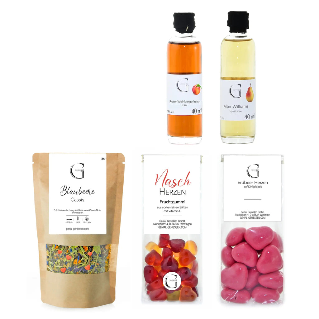Zwei glasflaschen mit schwarzen verschlüssen aus dem präsentkorb das leben ist zu kurz für später mit 40 ml roter weinbergfrucht und alter williams