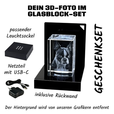 Ein schwarz-weißes boston terrier portrait lasergraviert in einen klaren acrylglasblock mit schwarzer basis dein 3d-foto im glasblock