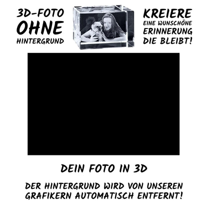 Klarer kristall 3d fotowürfel mit schwarz-weiß bild einer frau mit hund in querformat mit lasergravur