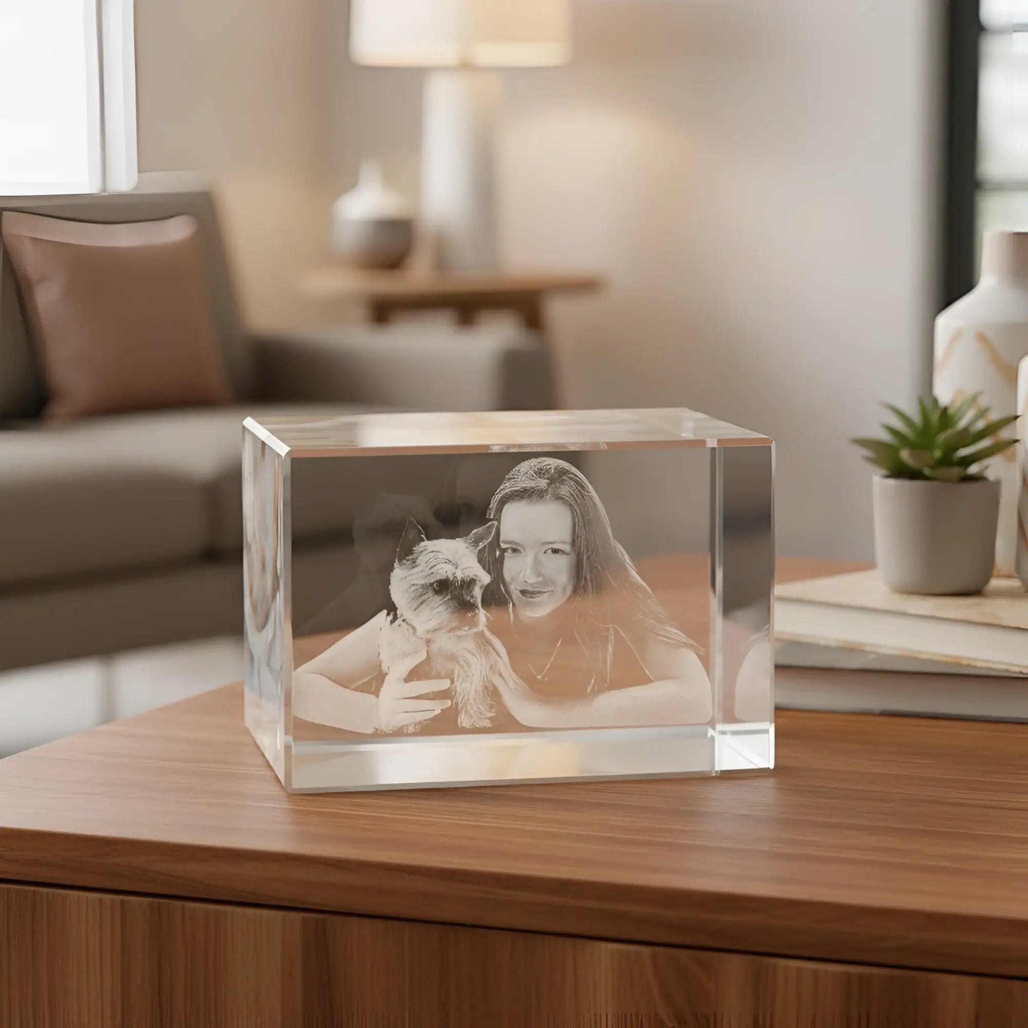 Klarer kristallwürfel mit lasergraviertem porträt einer frau mit kleinem hund dein 3d-foto im glasblock
