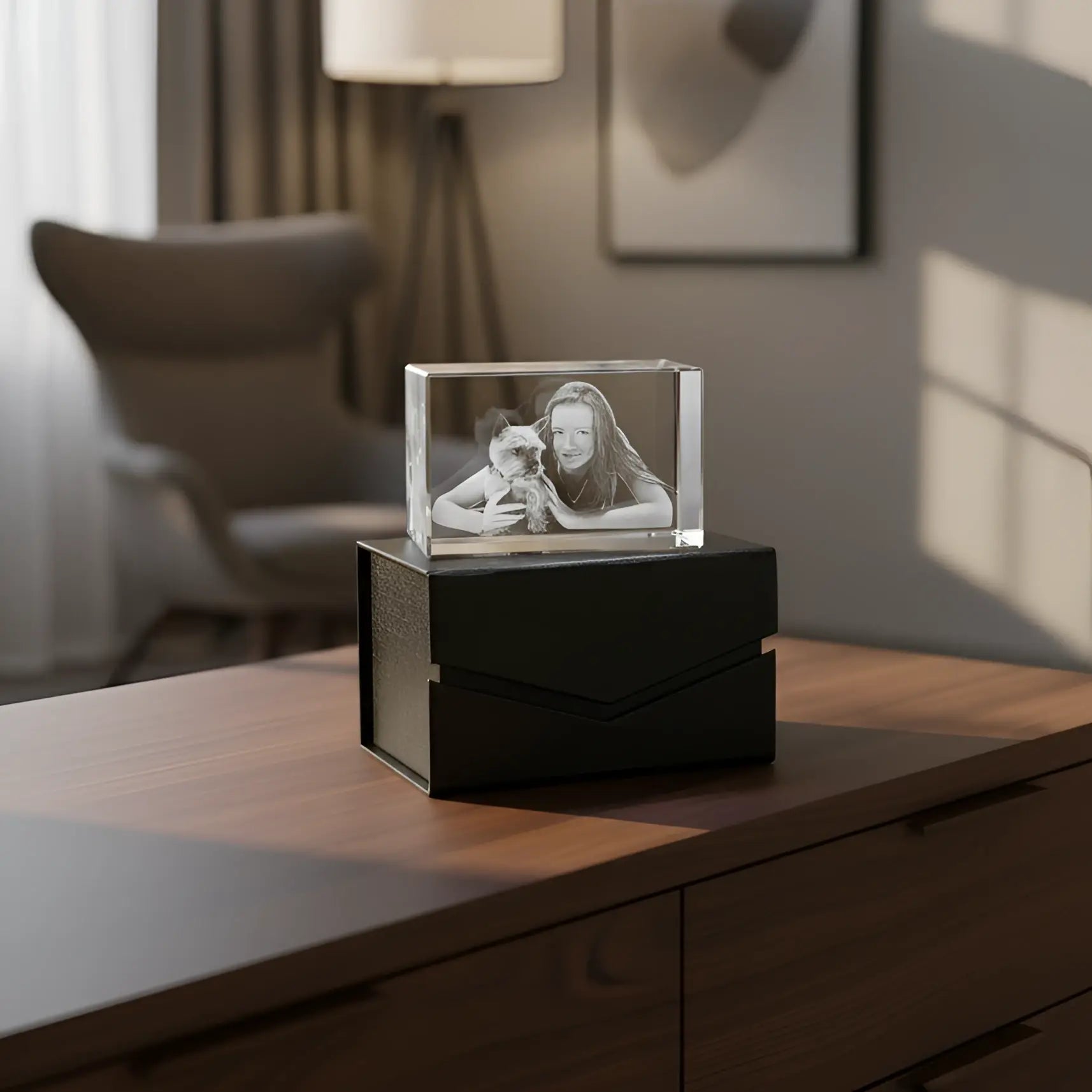 Klarer kristallfoto würfel mit schwarz-weiß lasergravur frau mit kleinem hund 90x60x60 mm personalisierbar