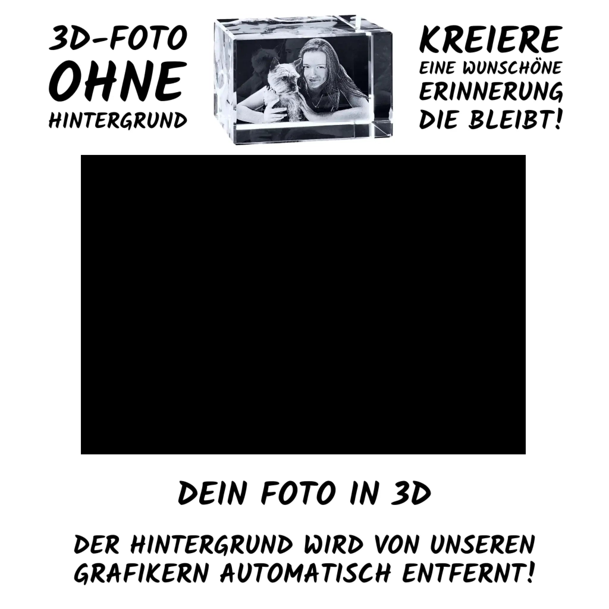 Klarer kristall 3d-fotowürfel mit schwarzweißbild einer frau mit hund im querformat 90x60x60 mm personalisierbar