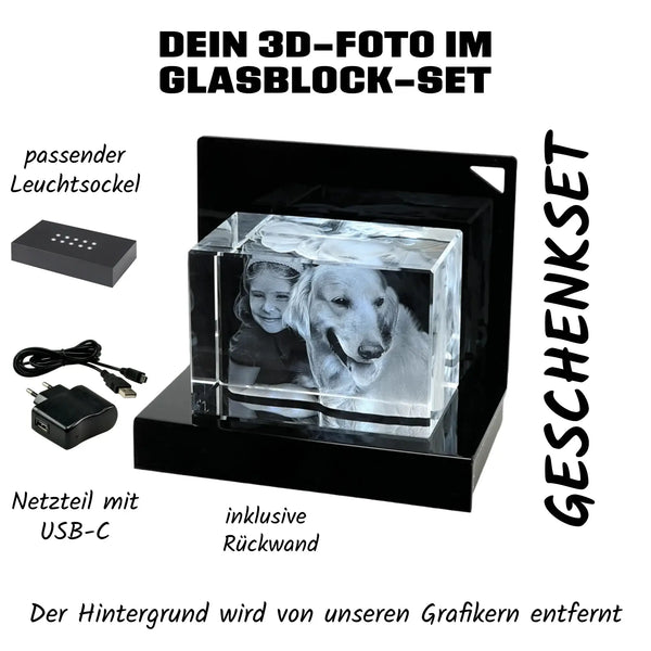 Dein 3D-Foto im Glasblock-Set (Querformat) • 90x60x60 mm • Lasergravur (personalisierbare Fotogeschenke) - 3D Foto