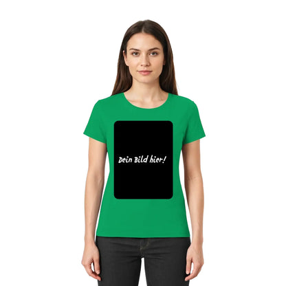 Grünes kurzärmeliges damen t shirt mit schwarzem rechteckigem print und weißem text aus der statement collection, personalisierbar