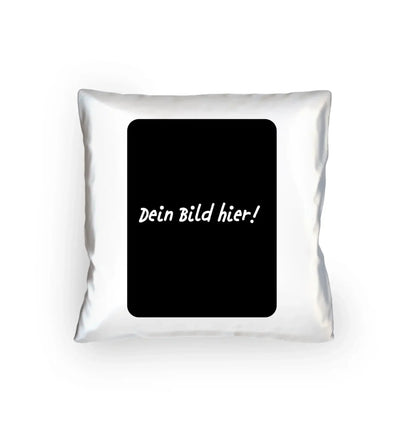 Weißer dekorativer kissenbezug mit schwarzem rechteck und weißem cursiv text dein bild hier personalisierbar