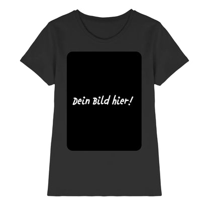 Dunkelgraues damen t-shirt mit schwarzem rechteck und weißem dein bild hier text aus der statement collection