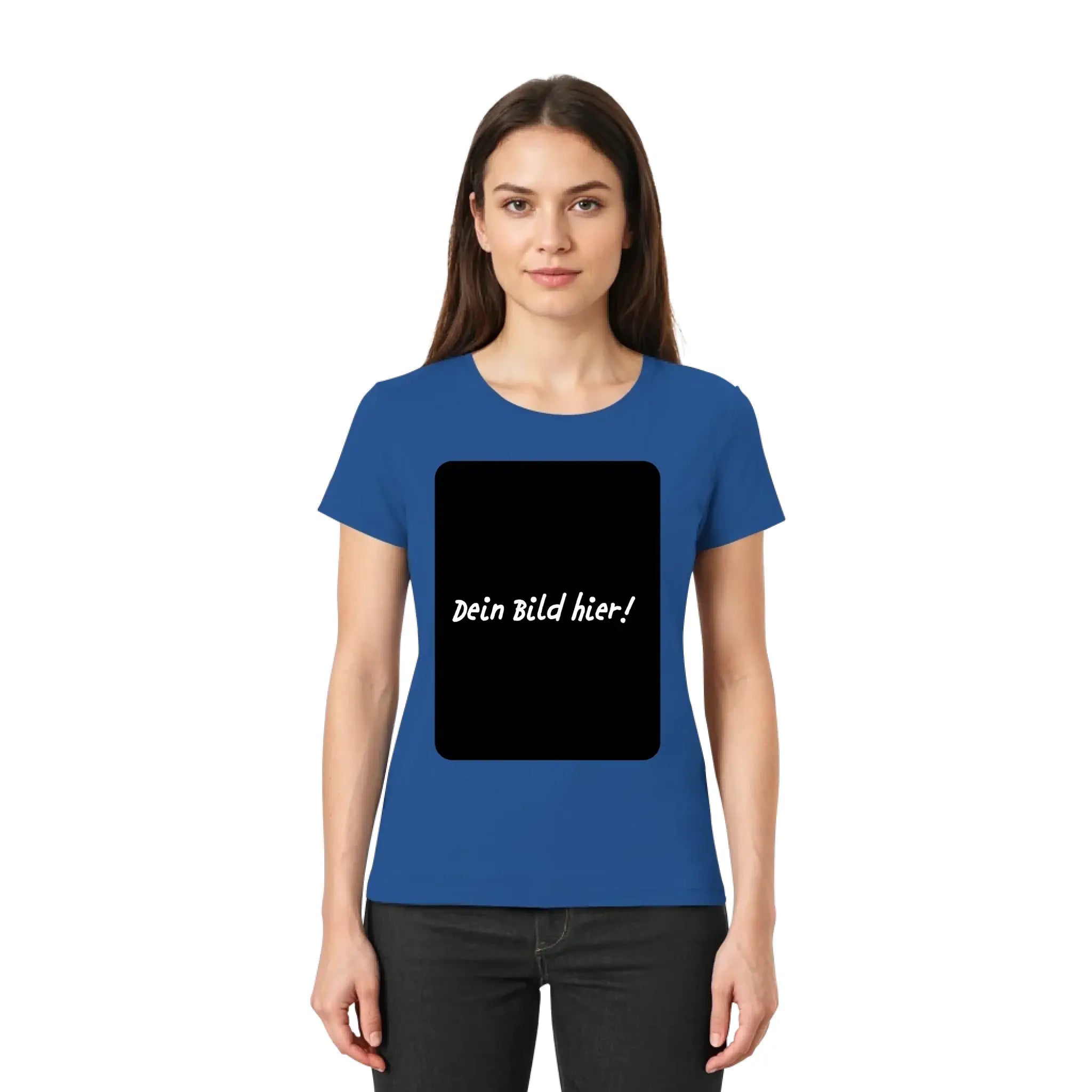 Blaue taillierte damen t shirt mit schwarzem rechteck und weißem text aus der personalisierbaren statement collection