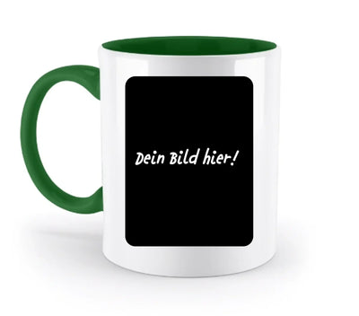 Weiße keramiktasse mit grünem griff und innenbereich und schwarzem rahmen für personalisierte fotos aus der statement-collection