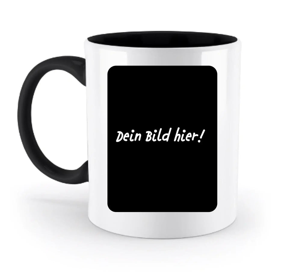 Weiße keramiktasse mit schwarzem griff und innenseite sowie schwarzem panel mit text dein bild hier aus der statement collection