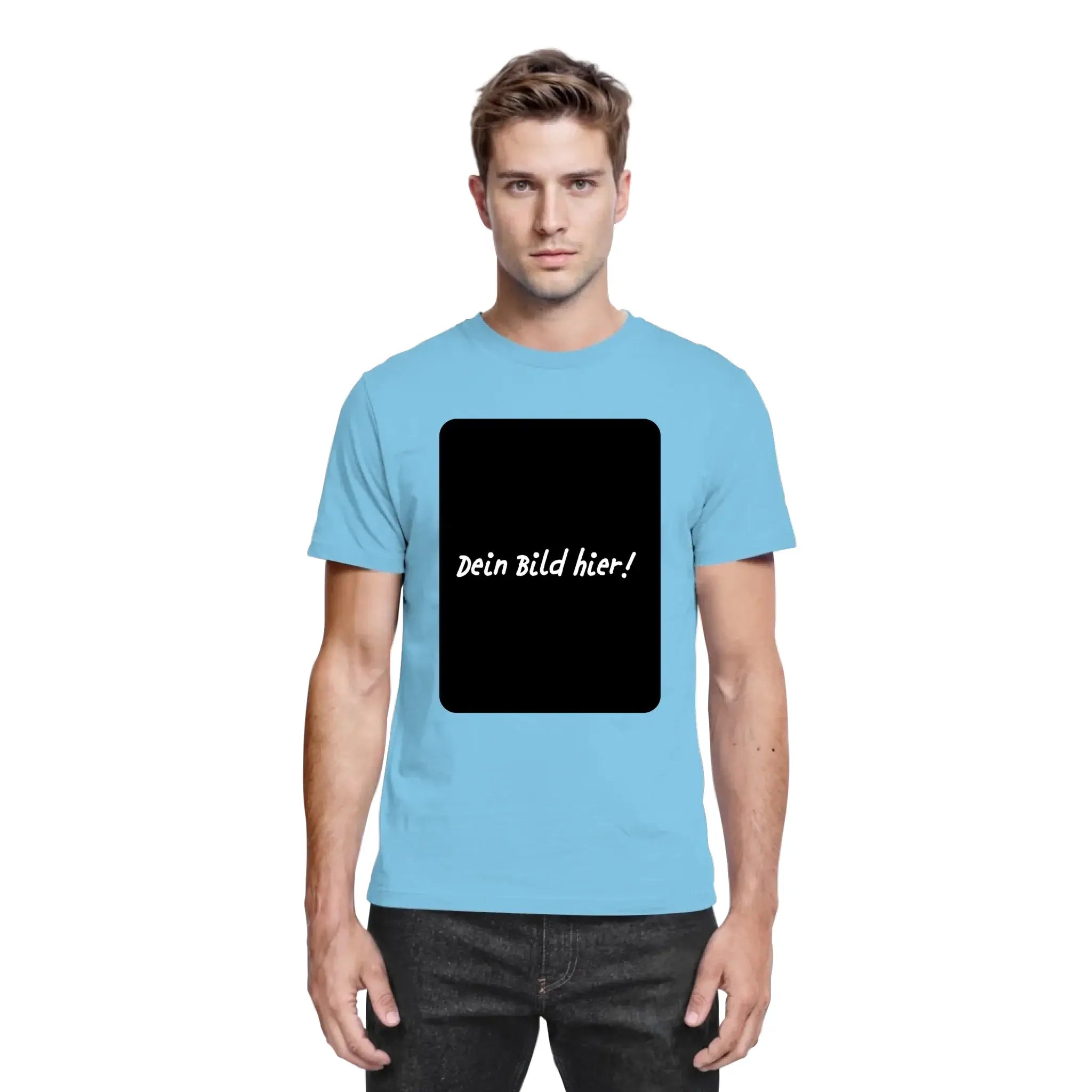 Hellblaues baumwoll t shirt mit schwarzem rechteckigem print und weißem dein bild hier text aus der statement collection