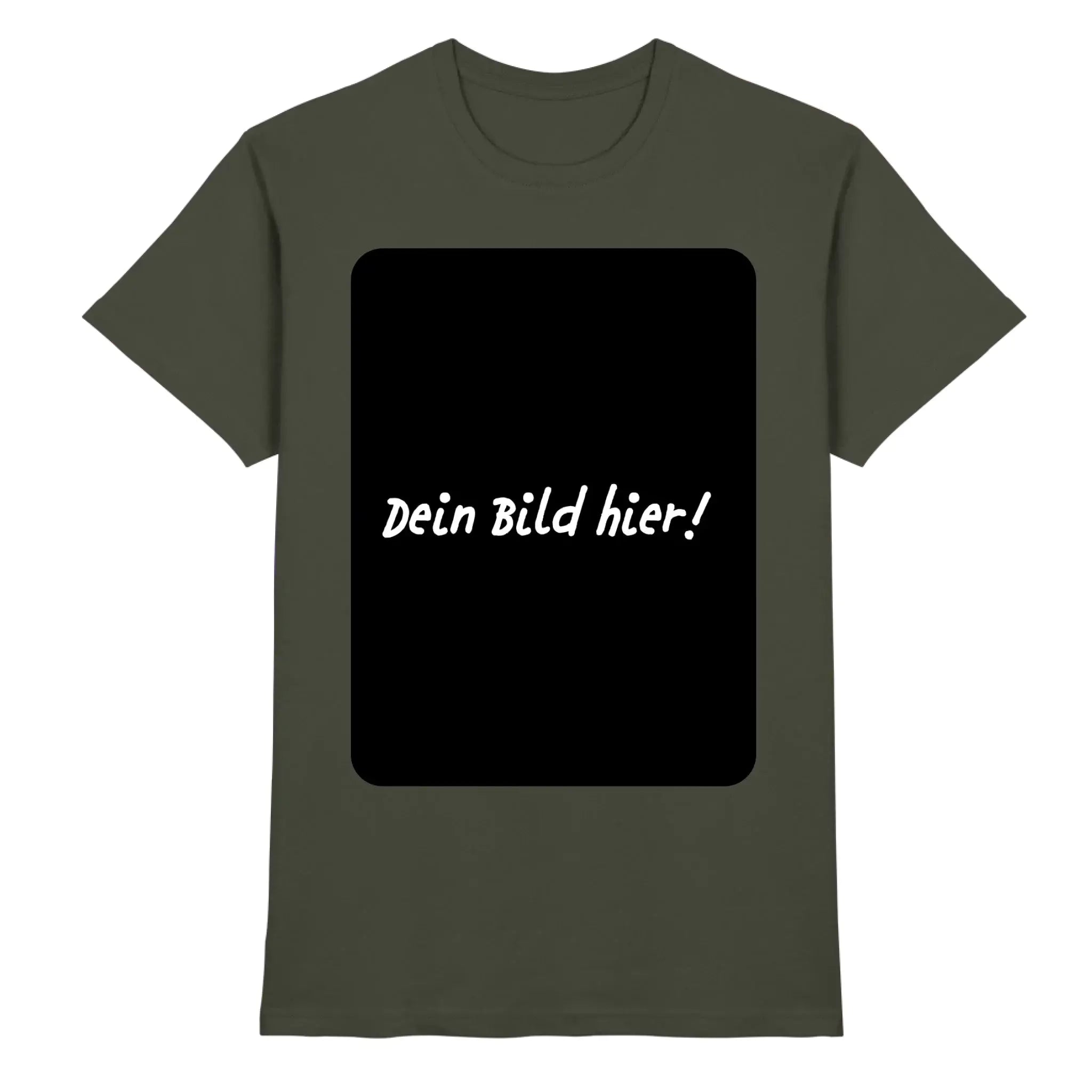 Olivegrünes baumwollshirt mit schwarzem rechteckigem patch und weißem text dein bild hier in kursiver schrift