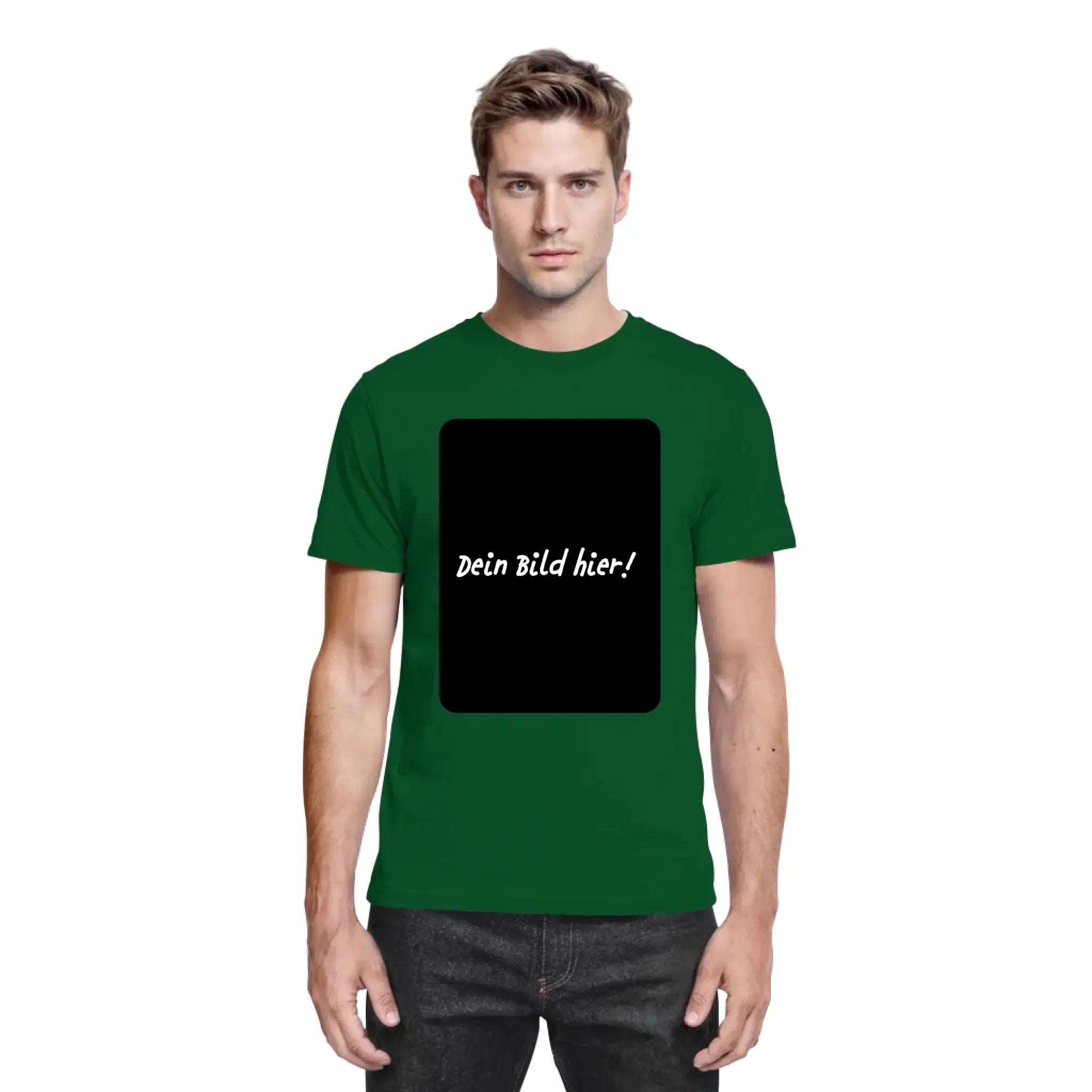 Dunkelgrünes baumwoll t-shirt mit schwarzem rechteck und weißem text dein bild hier aus der statement collection