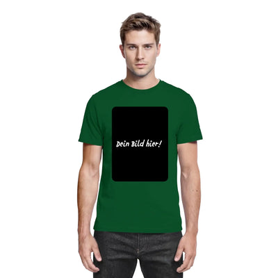 Dunkelgrünes baumwoll t-shirt mit schwarzem rechteck und weißem text dein bild hier aus der statement collection