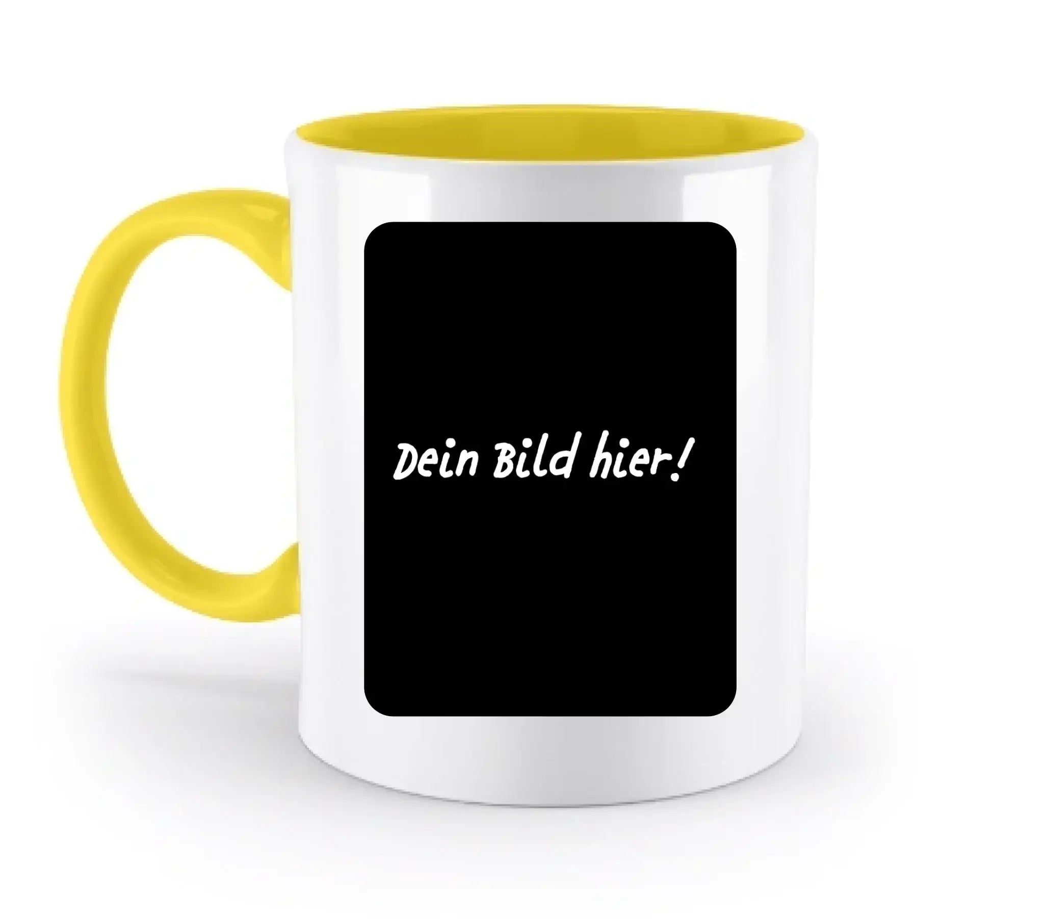 Weiße keramiktasse mit gelbem griff und innenbereich und schwarzem schriftfeld dein bild hier aus der statement collection