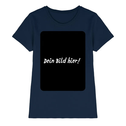 Marine blaues kurzarm damen t-shirt mit schwarzem rechteck und weißem text aus der statement-collection personalisierbar