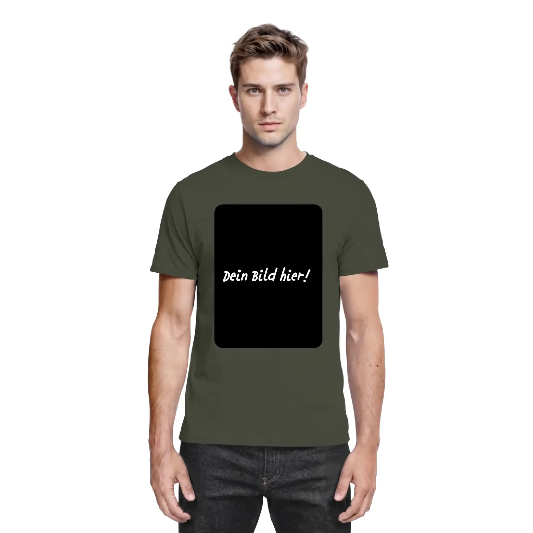 Olivegrünes baumwoll t shirt mit schwarzem rechteckigem graphic und weißem text personalisierbar aus der statement collection
