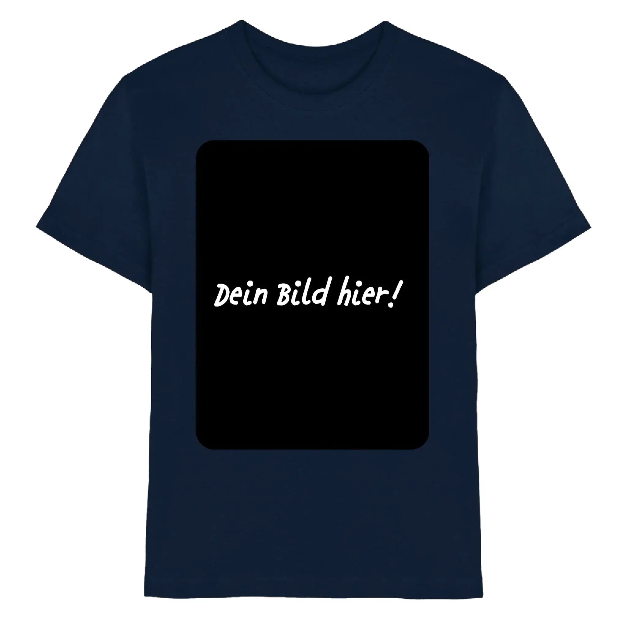 Marine blaue baumwoll t shirt mit schwarzem rechteckigem grafik und weißem kursiv text dein bild hier personalisierbar