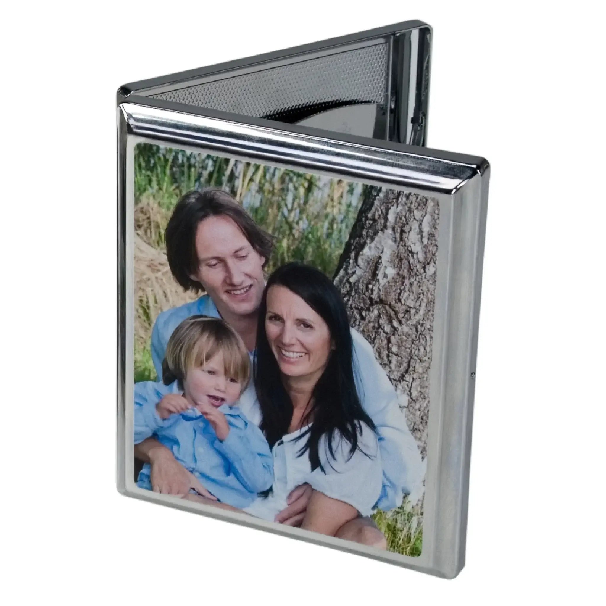 Silverfarbenes kompaktspiegel mit gedrucktem familienfoto aus der statement-collection personalisierbar