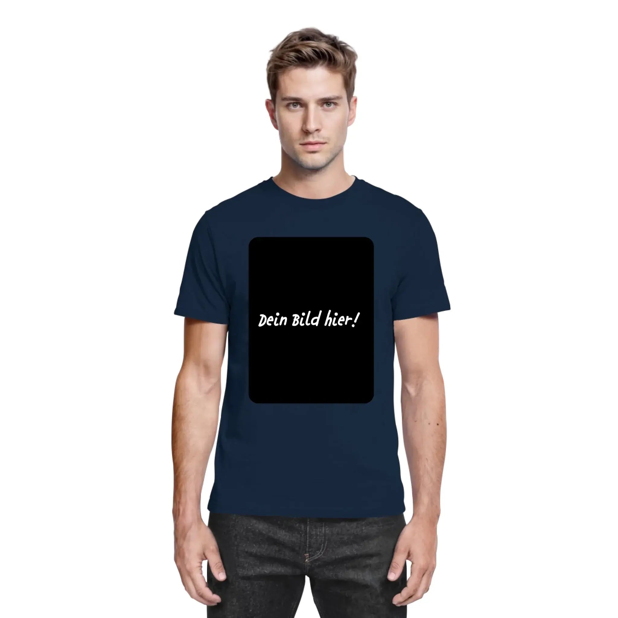 Marine blaue baumwoll t shirt mit schwarzem rechteckigen motiv und weißem text dein bild hier personalisierbar