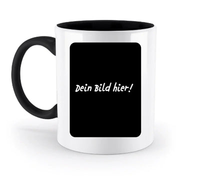 Weiße keramiktasse mit schwarzem griff und innenseite, schwarzes feld mit weißem dein bild hier text aus der statement-collection