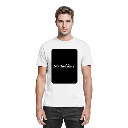 Weiße baumwoll t-shirt mit schwarzem rechteckigem aufdruck dein bild hier aus der statement collection personalisierbar