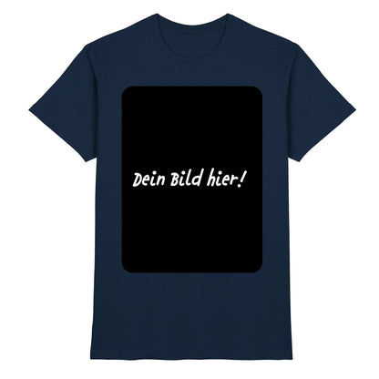 Marine blaue baumwoll t shirt mit schwarzem rechteckigem patch und weißem schriftzug dein bild hier personalisierbar
