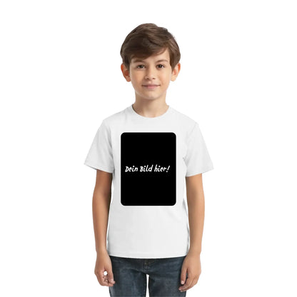 Weißer cotton t-shirt mit schwarzem rechteckigem print und text dein bild hier personalisierbar aus der statement-collection