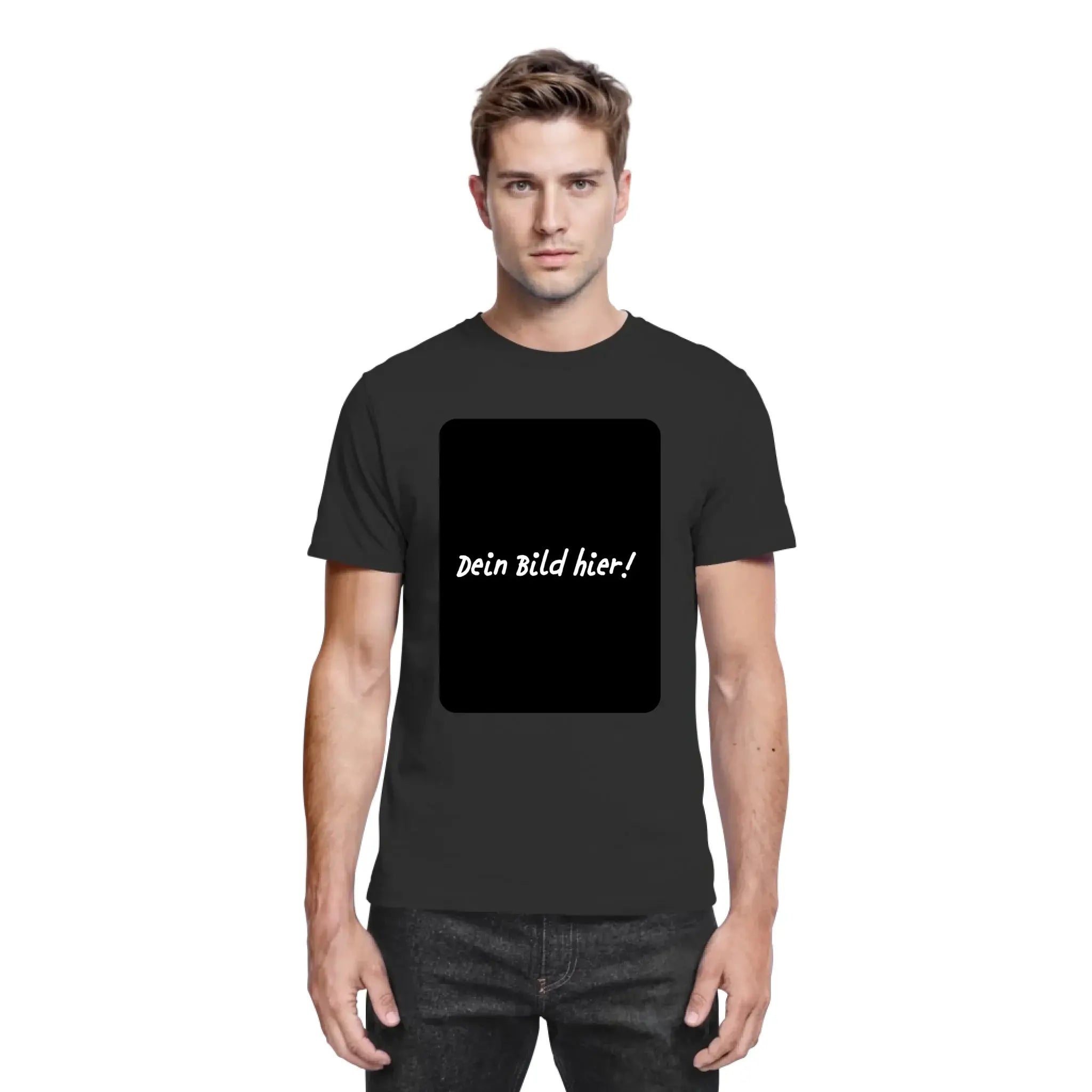 Schwarzes baumwoll-t-shirt mit weißem rechteckigem schriftzug dein bild hier in kursiv aus der statement-collection