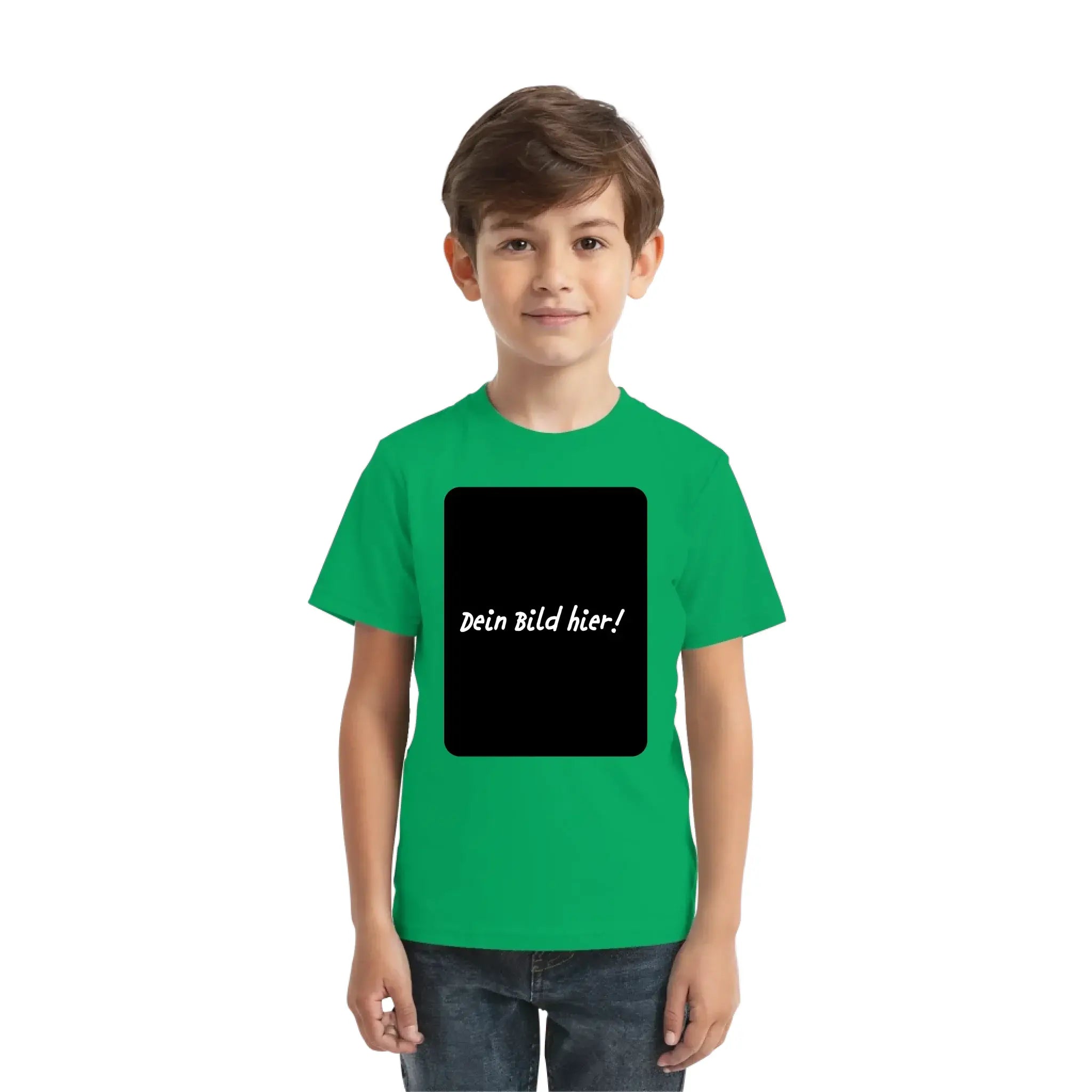 Hellgrünes kurzarmshirt mit schwarzem rechteckigem print und weißem text aus der statement collection mit optionalem wunschtext