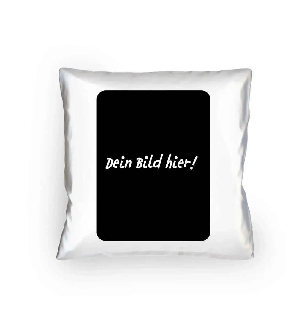 Weißer dekorativer kissenbezug mit schwarzem rechteck und weißem cursivtext dein bild hier personalisierbar