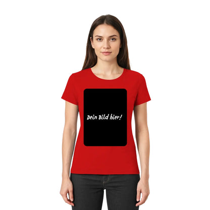 Rotes kurzarmshirt mit schwarzem rechteckigem print und weißem dein bild hier text aus der statement-collection