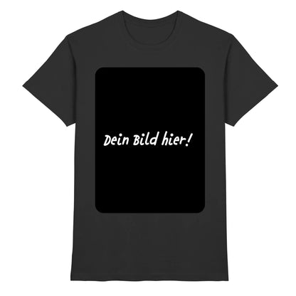 Dunkelgraues baumwollshirt mit schwarzem patch und weißem handschrifttext dein bild hier aus der statement-collection