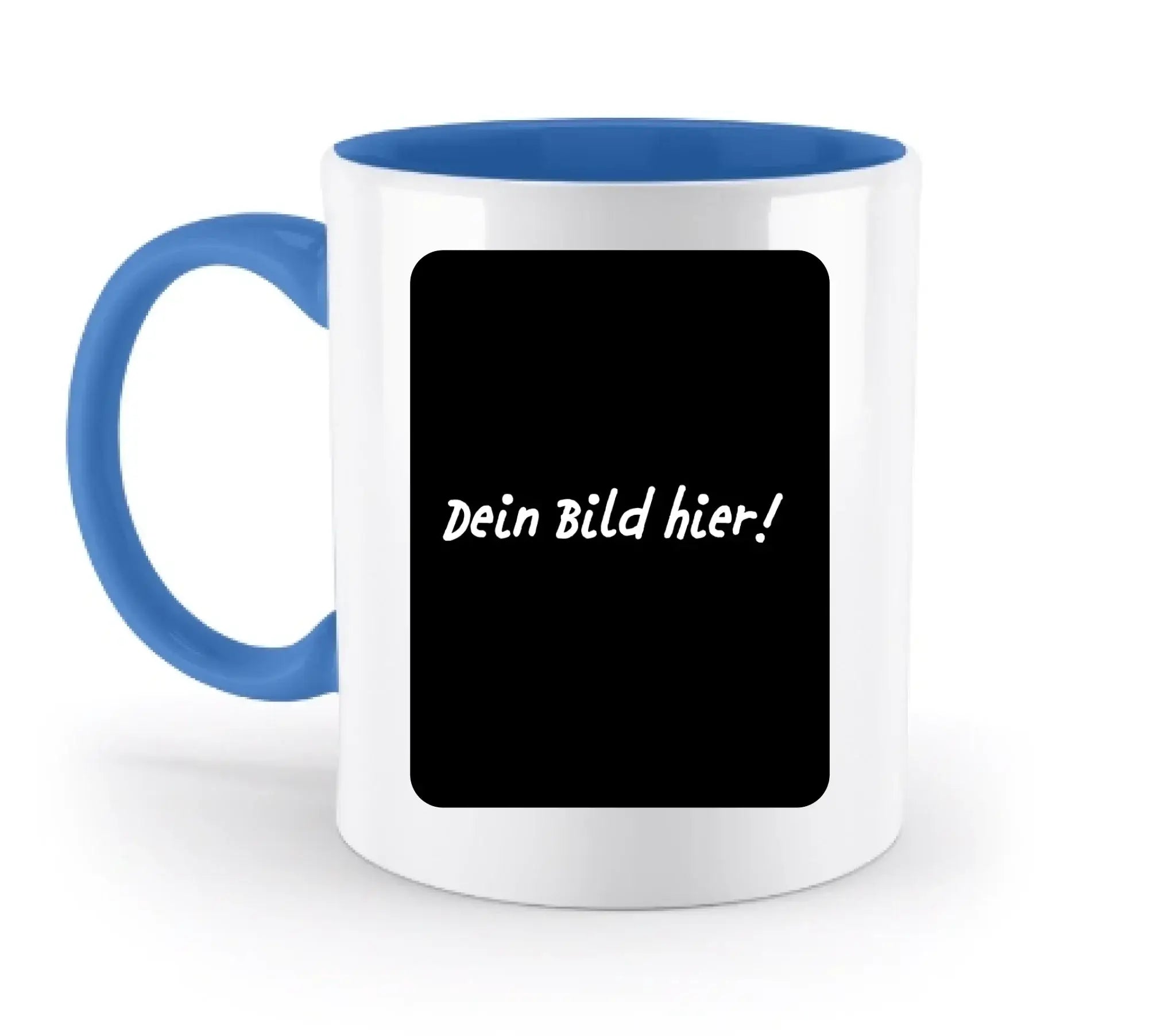 Weiße keramiktasse mit blauem griff und innenseite mit schwarzem feld dein bild hier aus der statement-collection