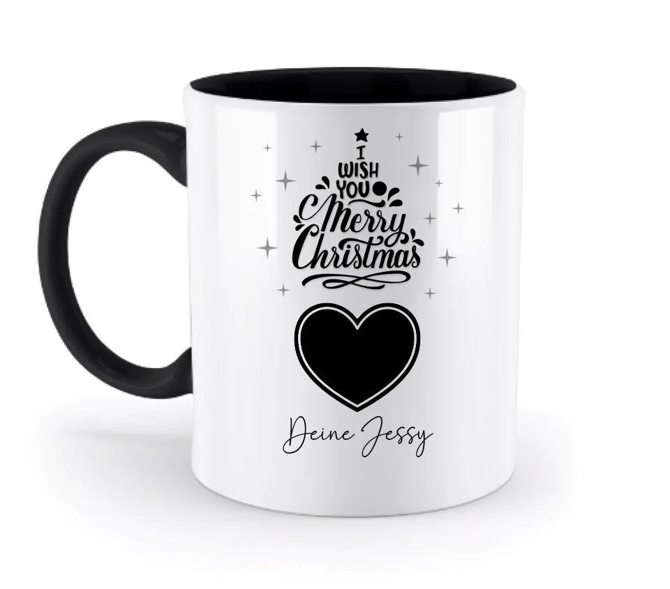 Dein Bild im Merry Christmas Tree + Name für Weihnachten • zweifarbige Tasse (spülmaschinengeeignet) • Exklusivdesign • personalisiert von HalloGeschenk.de