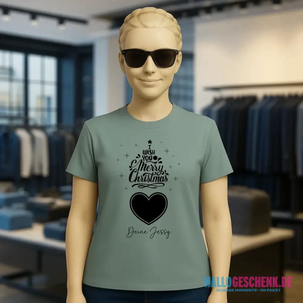 Dein Bild im Merry Christmas Tree + Name • Ladies Premium T-Shirt XS-2XL aus Bio-Baumwolle für Damen • personalisiert