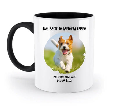 Dein Bild in Kreisform + Text • zweifarbige Tasse • Exklusivdesign • personalisiert von HalloGeschenk.de