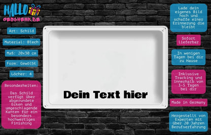 Weißes rechteckiges blechschild 30x20 cm mit vier befestigungslöchern für personalisierte fotos im querformat