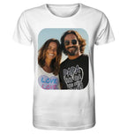 Weißes unisex bio-baumwoll-t-shirt mit foto von lächelndem paar und aufdruck papa hat da was für sich