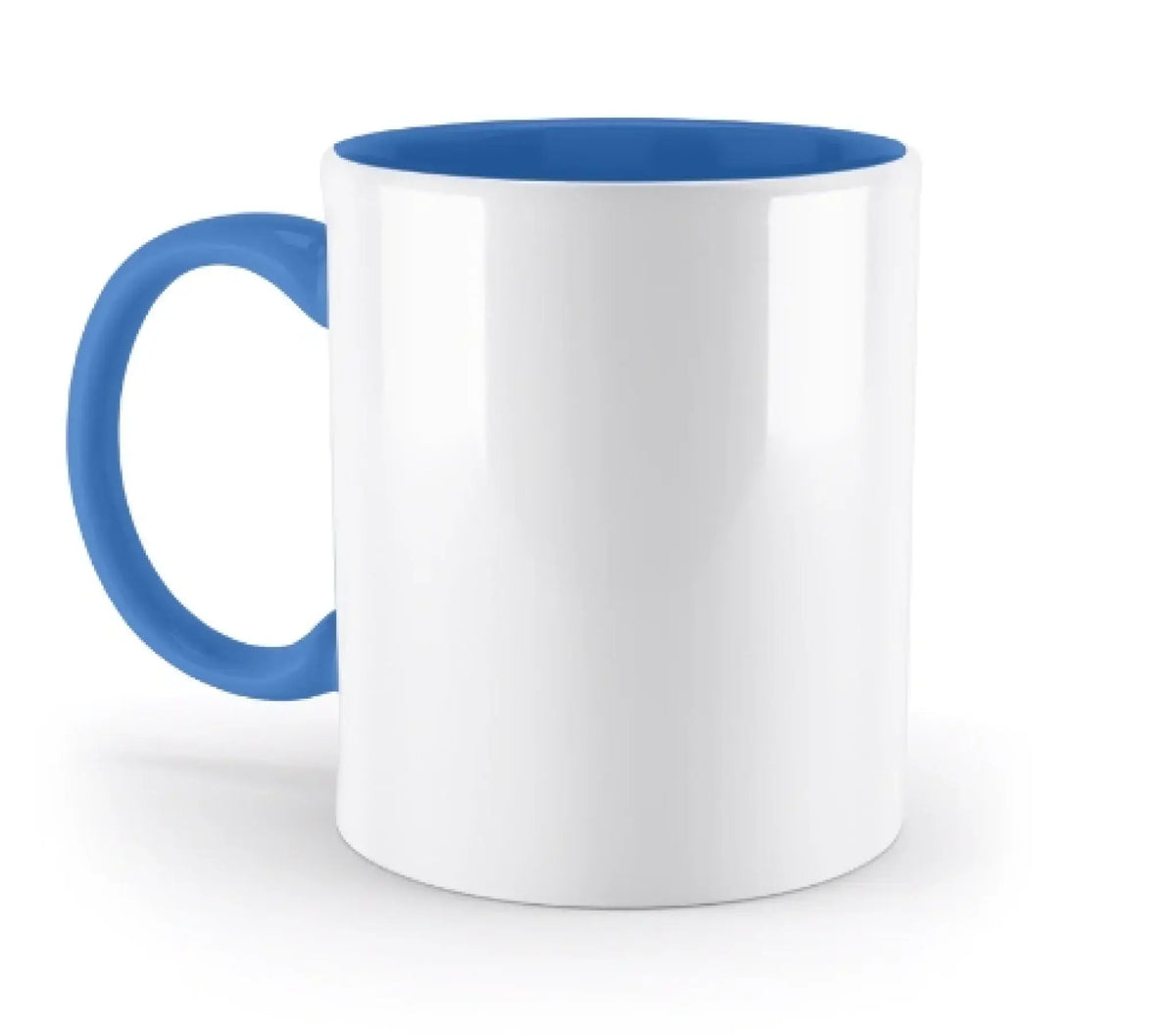 Weiße keramiktasse mit blauem inneren und passendem griff in der zweifarbigen tasse dein foto 330ml