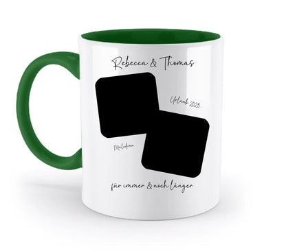 Dein Foto in 1-4 Quadraten - mit Wunschtext (personalisierbare Fotomotive) • Collage - Zweifarbige Tasse / Irish-Green