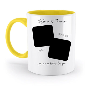 Dein Foto in 1-4 Quadraten - mit Wunschtext (personalisierbare Fotomotive) • Collage - Zweifarbige Tasse / Yellow