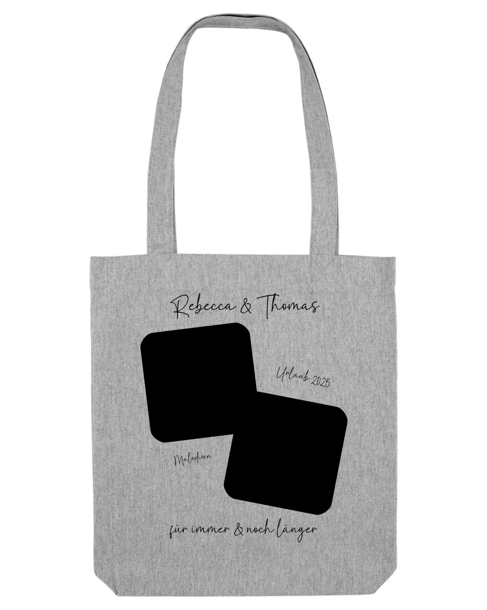 Graue canvas tote bag mit schwarzem aufdruck zwei großen rechteckigen aussparungen personalisierbar