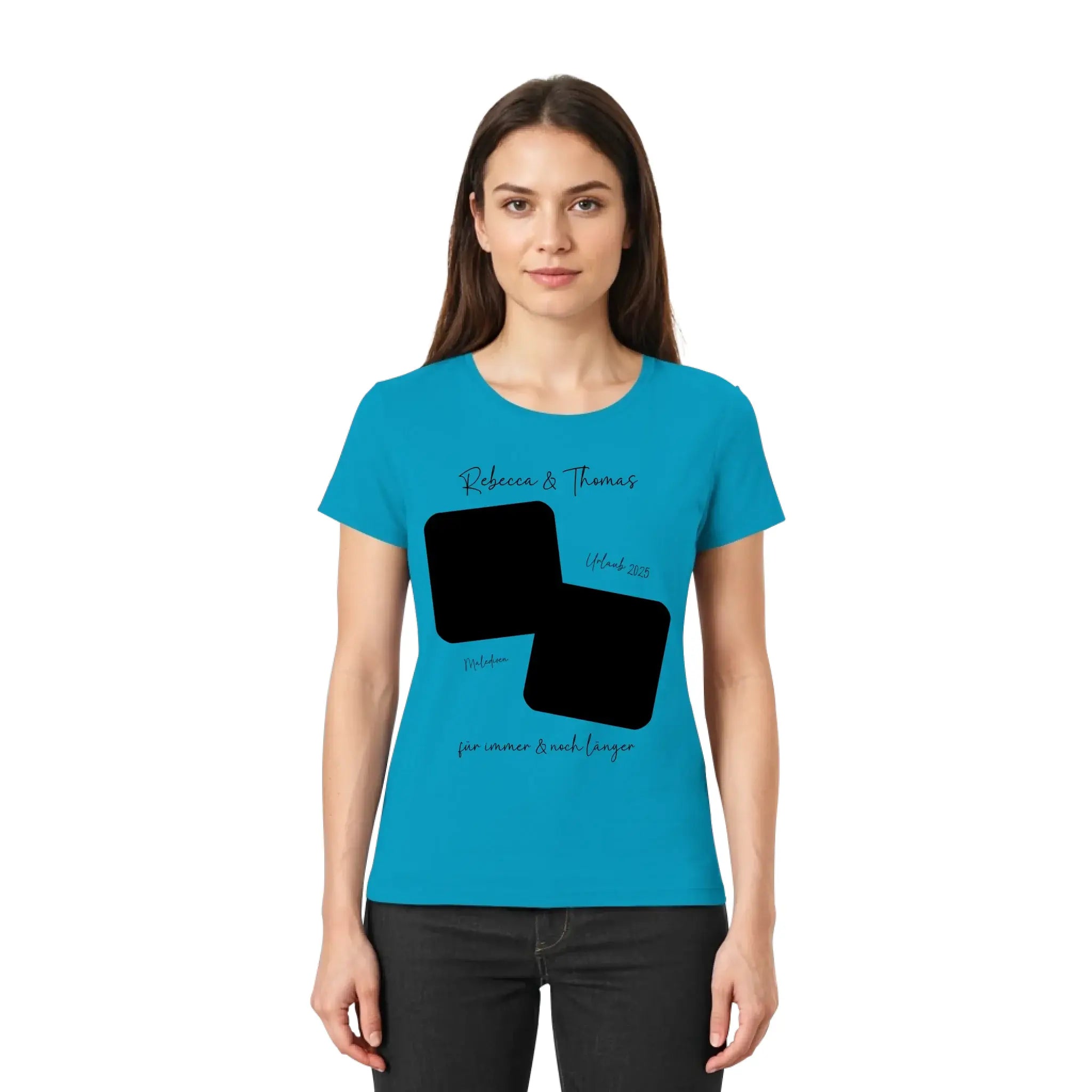 Petrolfarben farbenes damen tshirt mit kurzem arm und schwarzem geometrischem design mit wunschtext aus der statement collection
