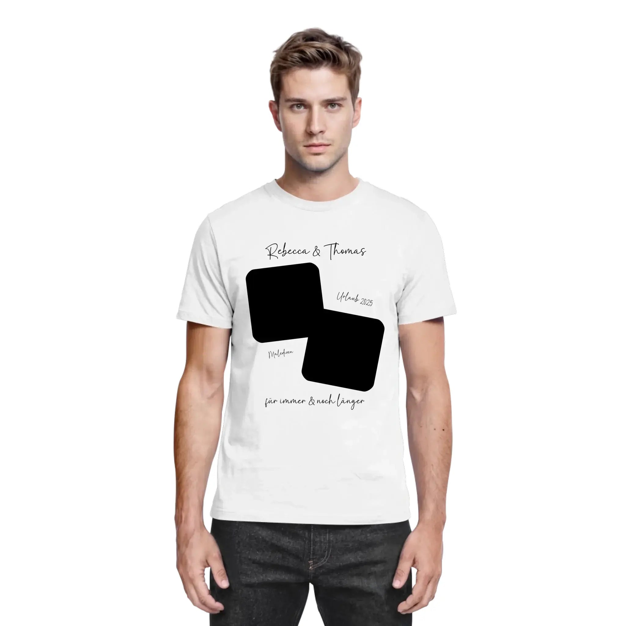Weiße baumwoll-t-shirt mit schwarzem grafikdesign rebecca und thomas maldives 2015 und überlappenden rechtecken