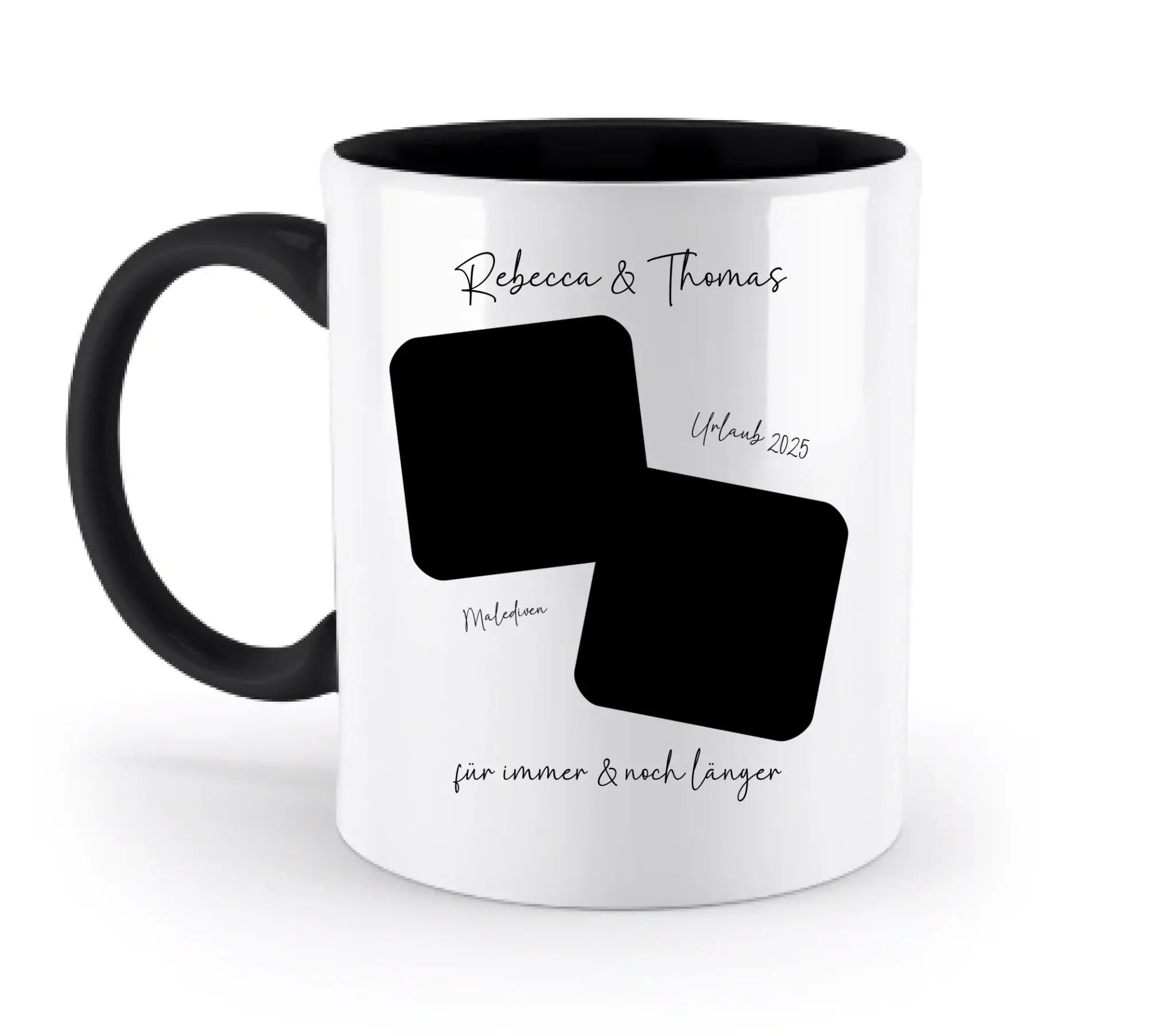 Weiße keramiktasse mit schwarzem griff und innenbereich mit zwei schwarzen rechteckigen fotoslots zum personalisieren